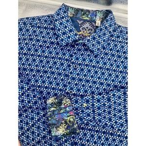 Robert Graham Octavian Blue Geometric Diamond Neat Print Sport Shirt XL $228-EUC